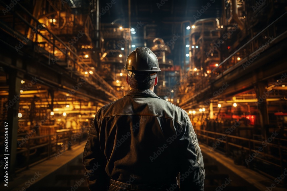 A worker in heavy industry. Portrait with selective focus and copy space