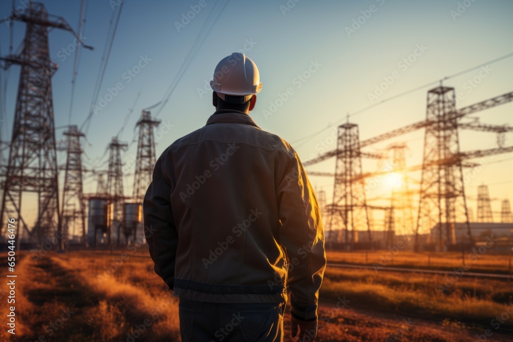 Professional electrical engineer or energy specialist. Background with selective focus and copy space Professional electrical engineer or energy specialist. Background with selective focus and copy space