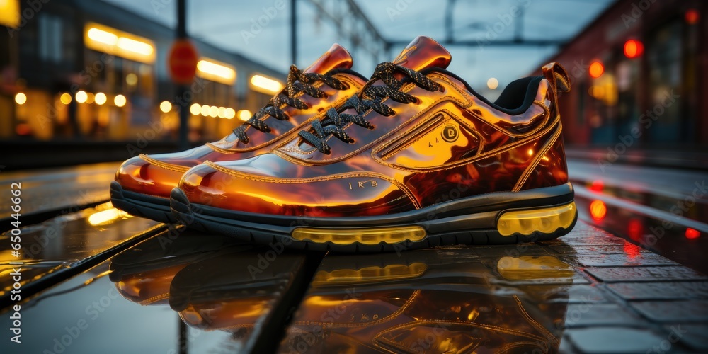 Naklejka premium close up of shoe at platform in train station, generative AI