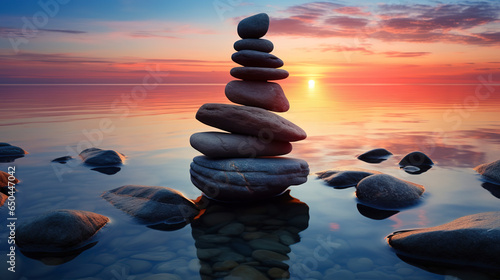 Concept of balance and harmony. Rocks on the sea coast at sunset in nature. Soft, warm light in a wonderful, serene scene.