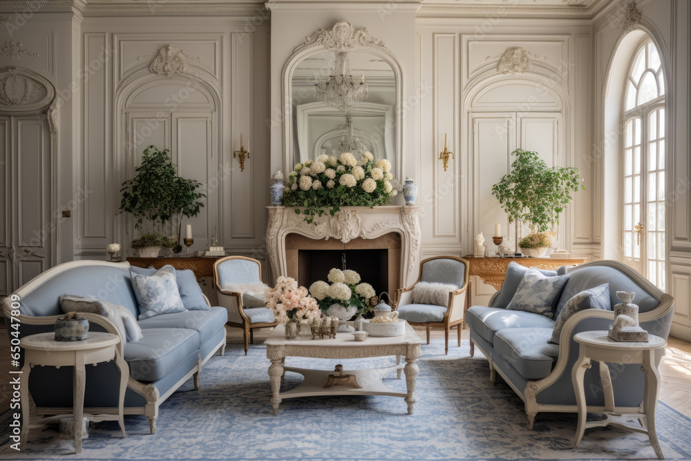 An elegant French provincial living room with vintage charm, timeless beauty, and comfortable plush seating, featuring ornate furniture, floral patterns, accent pillows, a cozy mantel with wall art