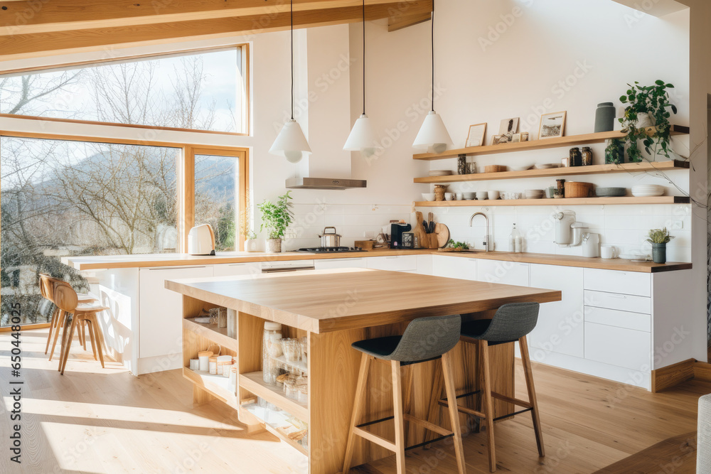 A Light-Filled, Cozy Scandinavian Modern Rustic Kitchen with Sleek Design, Clean Lines, and Natural Elements, Embracing the Functional Charm of Scandinavian Interior in a Minimalist
