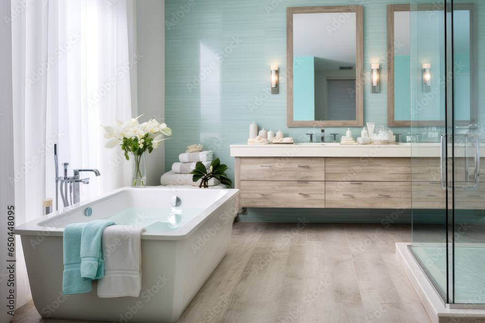 Immerse in Serenity: A Contemporary Spa-Like Bathroom Oasis with Aqua Accents, Rejuvenating Lighting Fixtures, and Soothing Minimalist Design Immerse in Serenity: A Contemporary Spa-Like Bathroom Oasis with Aqua Accents, Rejuvenating Lighting Fixtures, and Soothing Minimalist Design