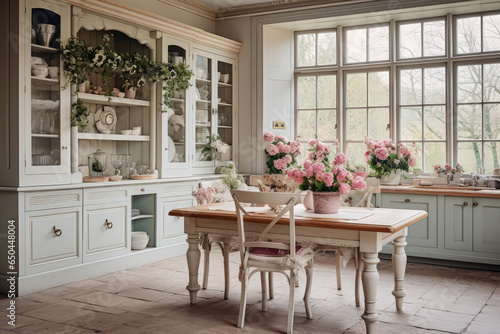 Step into the timeless charm of a cozy haven, where shabby chic vintage delights meet modern design in this vintage-inspired kitchen interior. © aicandy