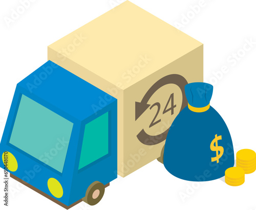 Collection service icon isometric vector. Money bag near cash collection vehicle. Cash, financial concept