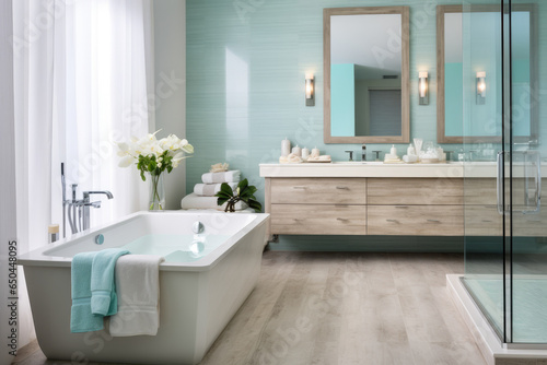 Immerse in Serenity: A Contemporary Spa-Like Bathroom Oasis with Aqua Accents, Rejuvenating Lighting Fixtures, and Soothing Minimalist Design