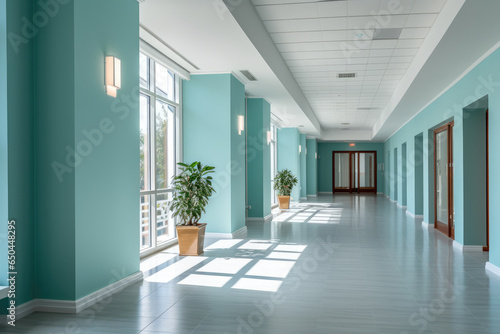 Inviting Aqua Colored Hallway: Serene and Tranquil Interior with Refreshing Natural Light, Clean Lines, and Spacious Open Concept for a Stylish, Modern, and Peaceful Home Improvement.