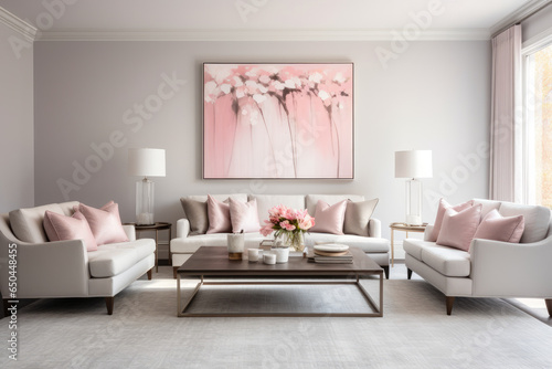 Creating an inviting and serene ambiance  this modern living room oasis combines harmonious pink and gray tones  stylish furniture  cozy cushions  elegant curtains