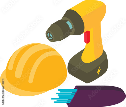 Professional tool icon isometric vector. Welding rods and electric screwdriver. Industrial equipment, construction work