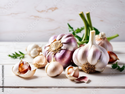 garlic over white wooden table background. Backdrop with copy space