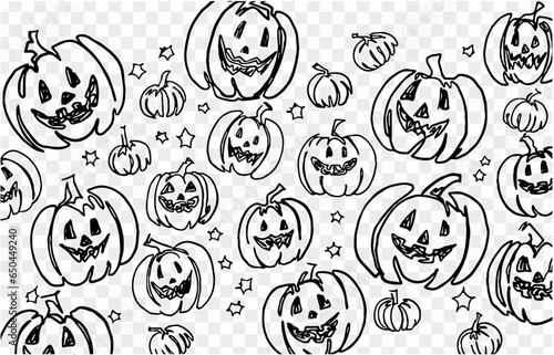 One line hand drawing smile pumpkin in a brush style seamless pattern , isolated on a transparent PNG background. Perfect for Halloween party backgrounds, poster templates, brochures, online ads.  photo