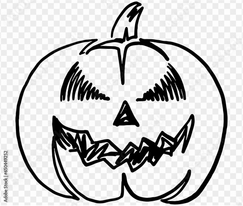 One line hand drawing smile pumpkin in a brush style, isolated on a transparent PNG background. Perfect for Halloween party backgrounds, poster templates, brochures, online ads. 