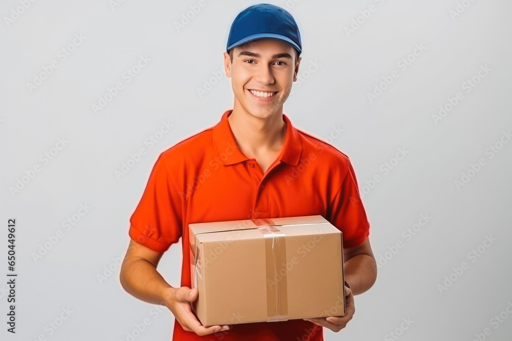 Handsome smiling postman delivering a packet and letters with white background Handsome smiling postman delivering a packet and letters with white background