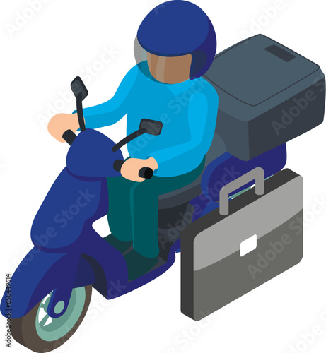 Moto delivery icon isometric vector. Male moto delivery courier and business bag. Fast shipping concept