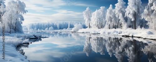 the winter serene lake reflects the snow-covered trees standing around. calm winter scene.  © Margo_Alexa