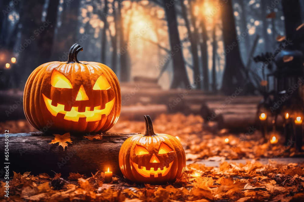 Illustration of halloween pumpkins in a spooky forest at night, halloween theme Illustration of halloween pumpkins in a spooky forest at night, halloween theme