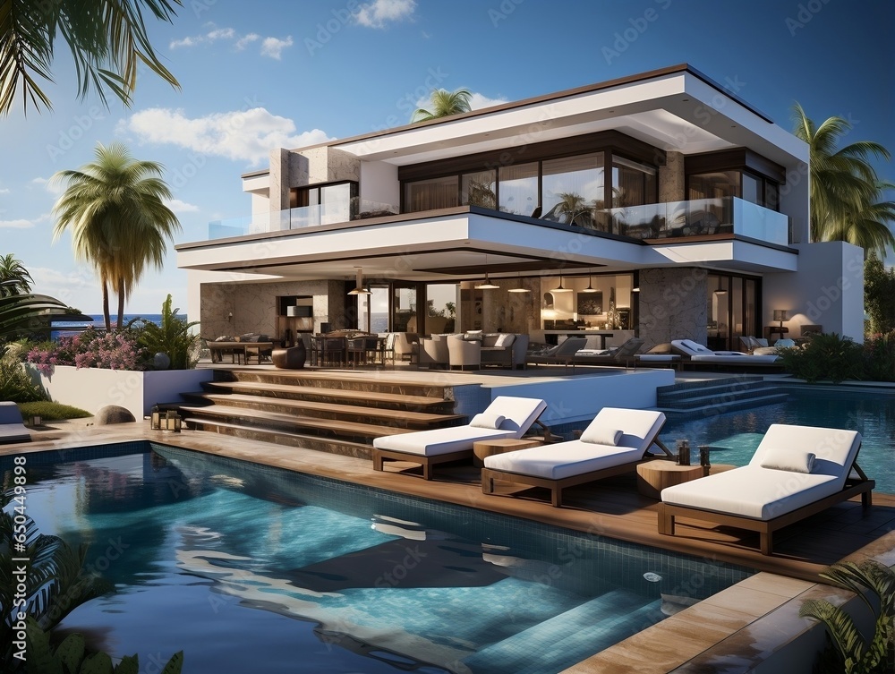 3D modern villa with a swimming pool and lounge area generative ai