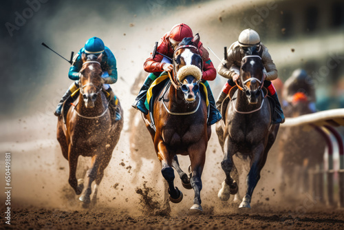 Shot of jockeys on their horses competing in a horse racing match © VisualProduction