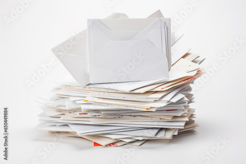 Large pile of unopened letters waiting to be send, on a white background photo
