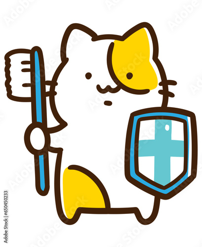虫歯菌に対抗する歯ブラシ戦士ねこのデフォルメイラスト