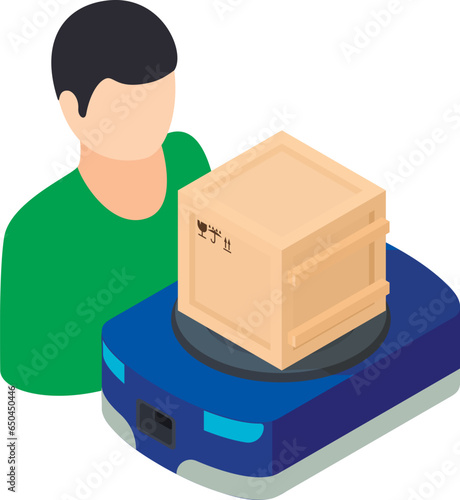 Warehouse logistic icon isometric vector. Human near warehouse robot with parcel. Logistic automation