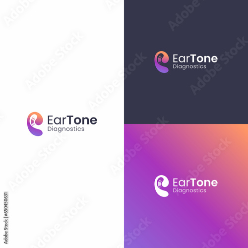 Letter E forms a tool to aid hearing with signals in the middle. Modern and simple, very suitable for use as a hearing therapy logo.