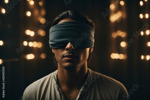Blindfolded young man experiencing tactile sensations, exploration of sensory experiences. Generative Ai