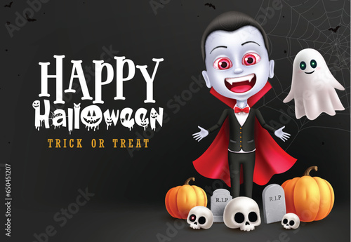 Happy halloween text vector design. Halloween trick or treat greeting in black space with vampire and dracula characters for invitation card background. Vector illustration greeting card design.
