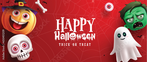 Happy halloween text vector design background. Halloween trick or treat greeting card with pumpkin, skull, ghost and zombie characters in web spider pattern red space background. Vector illustration 