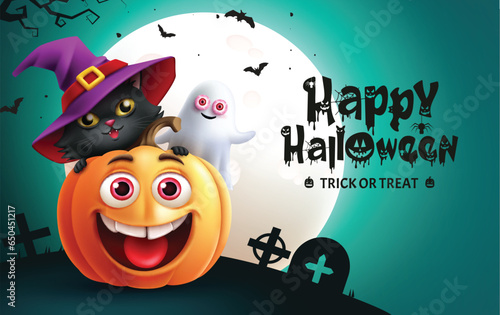 Happy halloween text vector design. Halloween greeting card with pumpkin, cat and ghost characters in cemetery full moon background. Vector illustration trick or treat invitation card.

