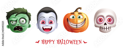 Halloween characters vector set design. Halloween character like zombie, vampire, pumpkin and skull elements isolated in white background. Vector illustration horror cartoon character collection.
