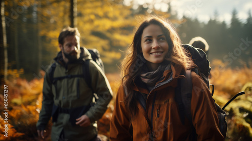 Young couple hiking in autumn forest. Young man and woman with backpacks looking at camera.