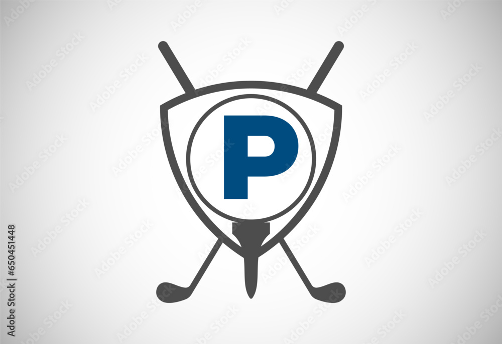 English Alphabet P With Golf Ball Golf Stick And Shield Sign Modern