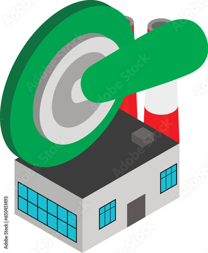 Production launch icon isometric vector. Factory building and green switch up. Industrial production, new factory