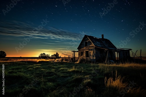 Eerie Farmhouse Under Starlight: Nature's Reclamation of Time Past
