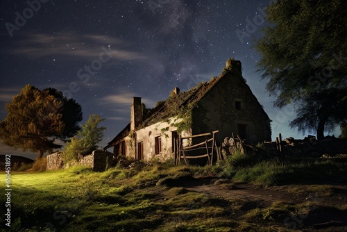Eerie Farmhouse Under Starlight: Nature's Reclamation of Time Past