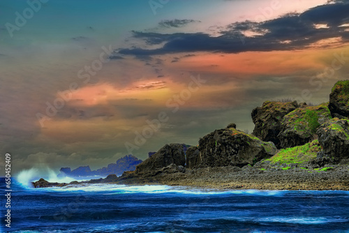 Stunning,amazing view and beautiful rocky coast,scenic cloudy sky in  Kenting National Park ,Taiwan.for branding,calender,postcard,screensave,wallpaper,poster,banner,cover,website.High quality photo