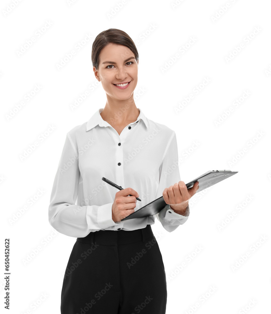 Happy secretary with clipboard and pen isolated on white Happy secretary with clipboard and pen isolated on white