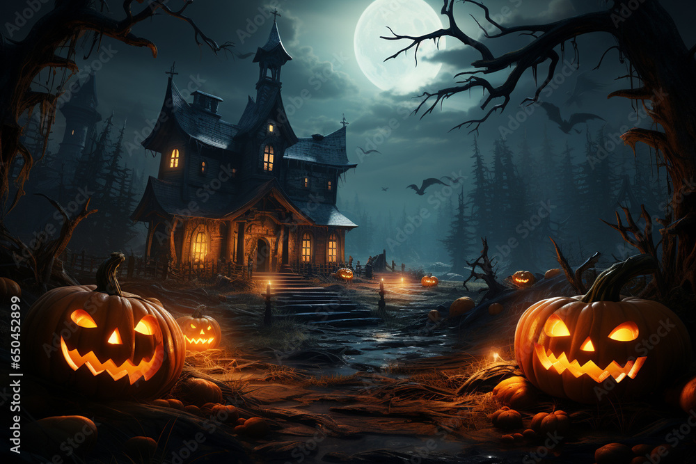 Halloween background with pumpkins and haunted house - 3D render. Halloween background Halloween background with pumpkins and haunted house - 3D render. Halloween background