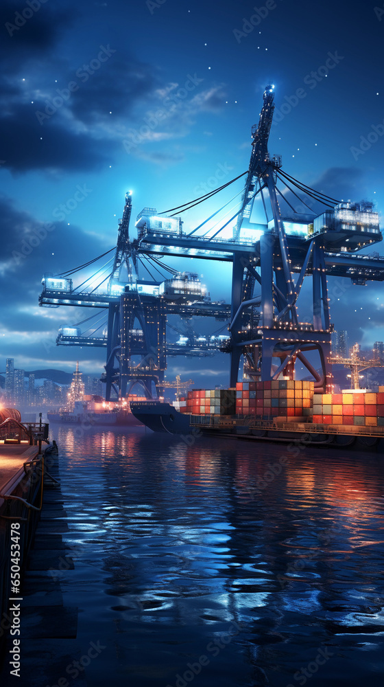 Loading and Download Port Commercial and logistics ships of import and export of goods night