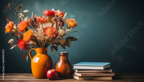 vase with flowers and books