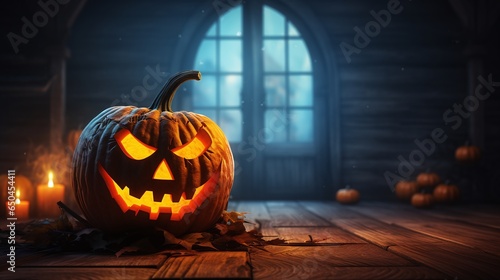 Halloween pumpkin lantern in a lost place. Generative AI