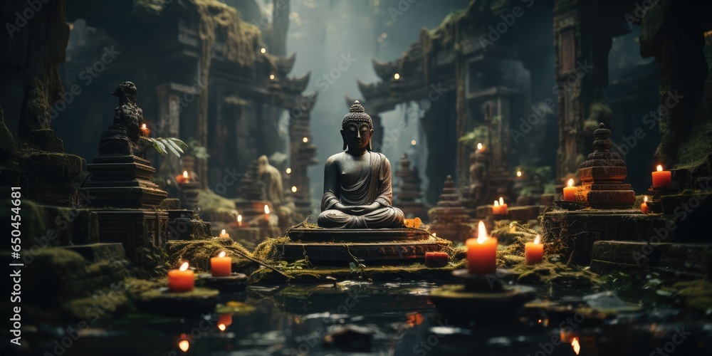 Buddha sculpture,India temple background, generative AI - obrazy, fototapety, plakaty 