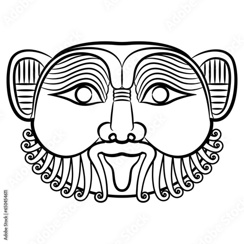 Head of ancient Egyptian god Bes. Antique apotropaic mask. Face of a funny bearded man with his tongue sticking out. Black and white linear silhouette.