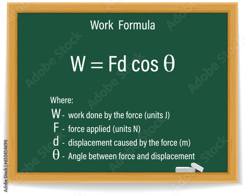 Work Formula on a green chalkboard. Education. Science. Formula. Vector illustration.
