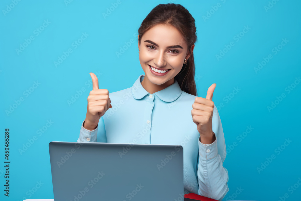 Young smiling woman sitting at laptop behind desk showing thumbs up isolated on blue background.generative ai
Young smiling woman sitting at laptop behind desk showing thumbs up isolated on blue background.generative ai