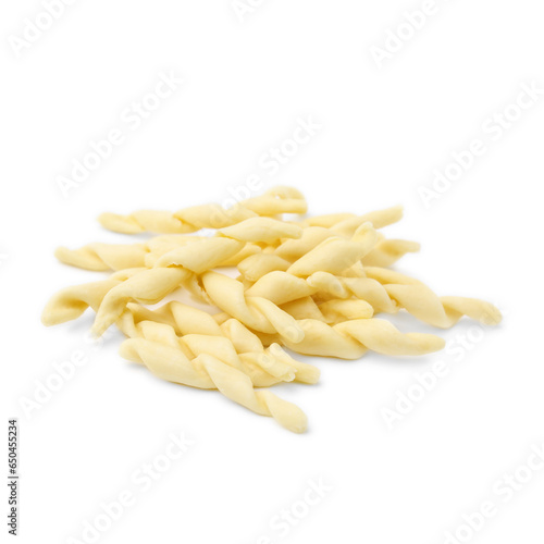 Pile of uncooked trofie pasta isolated on white