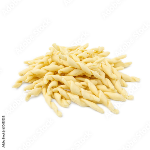 Pile of uncooked trofie pasta isolated on white
