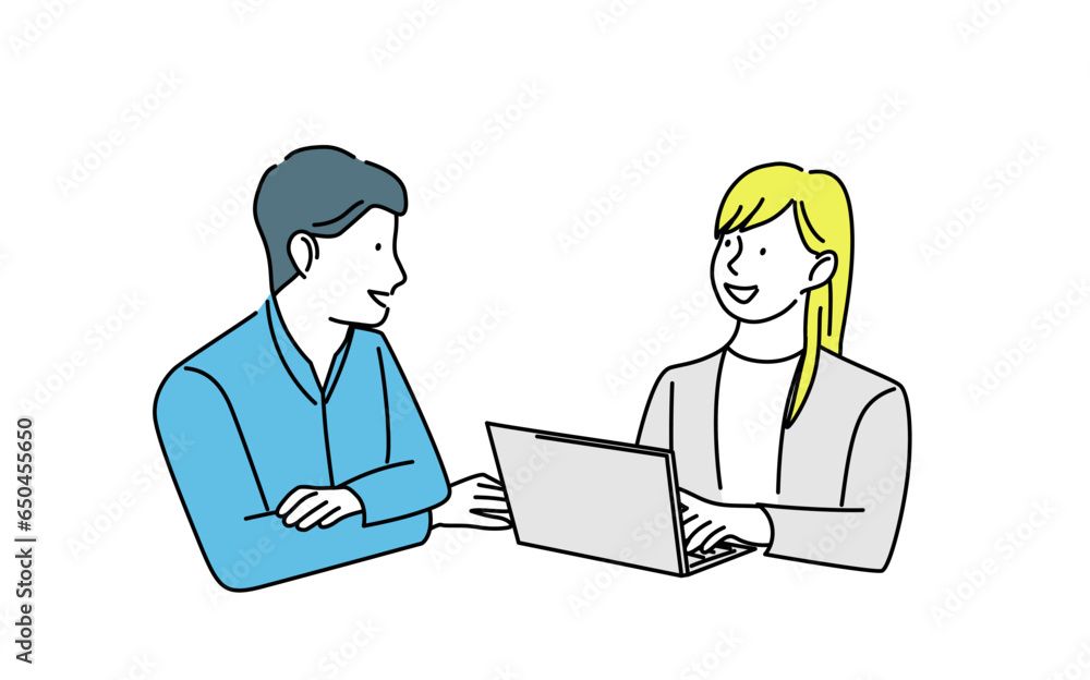 会議中の数人のビジネスマンのイラスト。 ビジネスマンはアイデアや計画について話し合います。