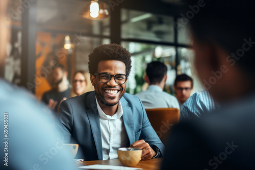 Young smiling man of African beauty with glasses or young businessman sitting in a cafe taking a break.generative ai 